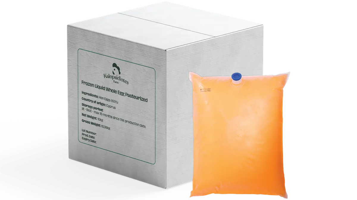 Bag-in-box of pasteurised liquid whole egg beside its carton